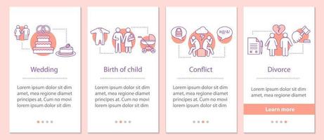 Broken family onboarding mobile app page screen with linear concepts. Wedding, birth of child, conflict, divorce steps graphic instructions. UX, UI, GUI vector template with illustrations