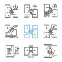 Smartphone linear icons set. Digital wallets, GPS navigation, link, content sharing, file upload, video message, password. Thin line contour symbols. Isolated vector outline illustrations