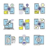 conjunto de iconos de colores de teléfonos inteligentes. billeteras de dólar y bitcoin, navegación gps, enlace, intercambio de contenido, carga de archivos, mensaje de video, contraseña. ilustraciones vectoriales aisladas vector