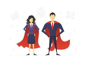 Super woman and superhero flat character design. Leadership. Businesswoman and businessman. Strong and powerful woman and man with red capes. Vector isolated illustration