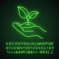 Greening neon light icon. Agriculture glowing sign. Environment protection. Open hand with sprout. Vector isolated illustration