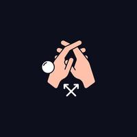 Interlink fingers RGB color icon for dark theme. Removing visible dirt between fingers. Hand hygiene. Isolated vector illustration on night mode background. Simple filled line drawing on black