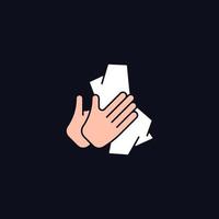 Dry hands with tissue RGB color icon for dark theme. Wiping off dirt from palms. Using antibacterial wipes. Isolated vector illustration on night mode background. Simple filled line drawing on black