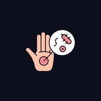 Dirty hands RGB color icon for dark theme. Germs on unwashed hands. Spread diseases through handshake. Isolated vector illustration on night mode background. Simple filled line drawing on black