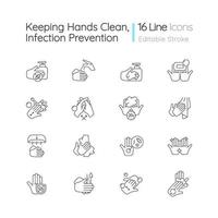 Keeping hands clean linear icons set. Washing with soap and water. Remove pathogenic microorganisms. Customizable thin line contour symbols. Isolated vector outline illustrations. Editable stroke