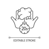 Scrub hands for twenty seconds linear icon. Clearing out germs. Rubbing hands under warm water. Thin line customizable illustration. Contour symbol. Vector isolated outline drawing. Editable stroke