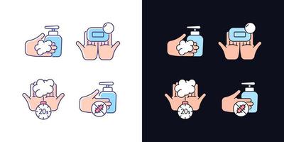 Hand hygiene light and dark theme RGB color icons set. Wash with brick soap. Antimicrobial skin cleanser. Isolated vector illustrations on white and black space. Simple filled line drawings pack