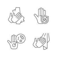 Infection prevention linear icons set. Wiping off dirt, germs. Dry hands with towel. Microbes protection. Customizable thin line contour symbols. Isolated vector outline illustrations. Editable stroke