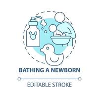 Bathing newborn blue concept icon. Baby hygiene abstract idea thin line illustration. Take bath with baby twice a week. Kid bathtub. Vector isolated outline color drawing. Editable stroke