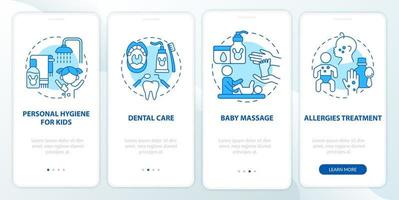 Baby Care Blue Onboarding pantalla de la página de la aplicación móvil. tutorial de salud física infantil 4 pasos instrucciones gráficas con conceptos. ui, ux, plantilla de vector de interfaz gráfica de usuario con ilustraciones en color lineal