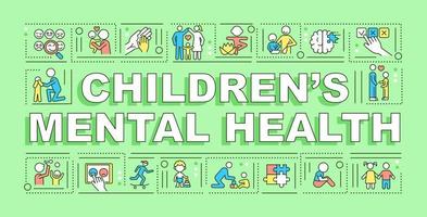 banner de conceptos de palabra de salud mental de los niños. desarrollo emocional. infografías con iconos lineales sobre fondo verde. tipografía creativa aislada. ilustración de color de contorno vectorial con texto vector