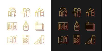 School essential equipment gradient icons set for dark and light mode. Paint brush. Office supply. Thin line contour symbols bundle. Isolated vector outline illustrations collection on black and white