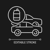 Cars made from recycled steel white linear icon for dark theme. Vehicles from aluminum cans. Thin line customizable illustration. Isolated vector contour symbol for night mode. Editable stroke