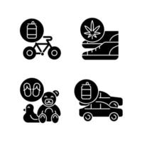 Reciclaje de iconos de glifos negros de negocios en espacios en blanco. bicicleta ecológica. zapatos sostenibles. juguetes de chanclas. vehículos de latas de aluminio. símbolos de silueta. vector ilustración aislada