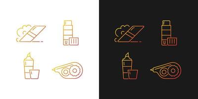 School accessories gradient icons set for dark and light mode. Highlighter. Correction tape. Thin line contour symbols bundle. Isolated vector outline illustrations collection on black and white