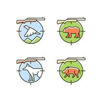 Big and small game hunting RGB color icons set. Hunting weapon to kill boar and deer. Prey pursuit. Hunter equipment. Isolated vector illustrations. Simple filled line drawings collection