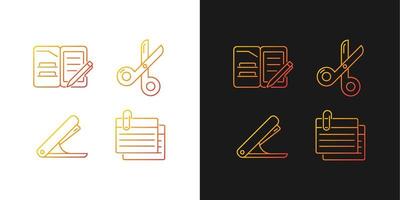 Office stationery supplies gradient icons set for dark and light mode. Tools for studying. Thin line contour symbols bundle. Isolated vector outline illustrations collection on black and white