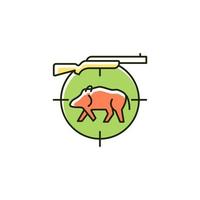 Wild boar hunting RGB color icon. Capture and kill wild hog. Feral peccary and pig. Hunting with dog. Pursue tusker. Wildlife animal. Isolated vector illustration. Simple filled line drawing