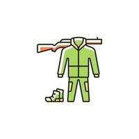Hunting gear RGB color icon. Apparel for hunt. Camouflage outfit. Tools and weapon. Survival gear and supplies. Hiking and travel kit. Isolated vector illustration. Simple filled line drawing