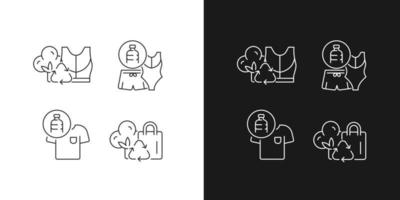 Lessening impact on environment linear icons set for dark and light mode. Fabrics from recycled plastic. Customizable thin line symbols. Isolated vector outline illustrations. Editable stroke