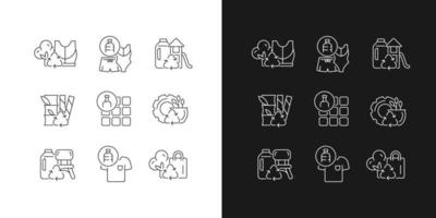 Natural resources conservation linear icons set for dark and light mode. Reuse plastic products. Zero waste. Customizable thin line symbols. Isolated vector outline illustrations. Editable stroke