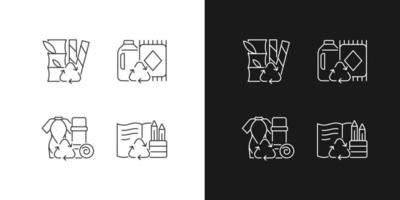 Reduce environmental pollution linear icons set for dark and light mode. Compostable straws. Ethical flooring. Customizable thin line symbols. Isolated vector outline illustrations. Editable stroke