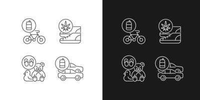 Reciclaje de iconos lineales comerciales establecidos para el modo oscuro y claro. bicicleta ecológica. zapatos sostenibles. símbolos de línea fina personalizables. ilustraciones de contorno de vector aislado. trazo editable