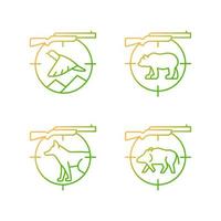 Big and small game hunting gradient linear vector icons set. Hunting weapon to kill boar and deer. Hunter equipment. Thin line contour symbols bundle. Isolated outline illustrations collection