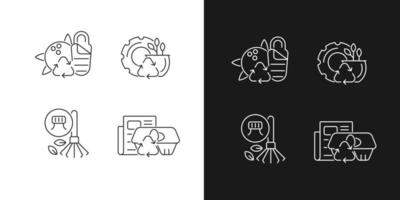 Processing recycled material linear icons set for dark and light mode. Sustainable camping gear. Paper egg box. Customizable thin line symbols. Isolated vector outline illustrations. Editable stroke