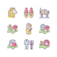 Conjunto de iconos de colores rgb de valores nacionales de Singapur. calidad de vida. trajes tipicos. lugares de turismo. abalorios peranakan. ilustraciones vectoriales aisladas. colección de dibujos de líneas rellenas simples vector