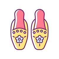 Traditional beadwork RGB color icon. Singaporean beaded slippers. National design. Decorating clothing. Peranakan embroidery. Ethnic shoes. Isolated vector illustration. Simple filled line drawing