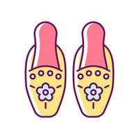 Traditional beadwork RGB color icon. Singaporean beaded slippers. National design. Decorating clothing. Peranakan embroidery. Ethnic shoes. Isolated vector illustration. Simple filled line drawing