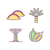 Plants in Singapore RGB color icons set. Traveller palm. Supertree grove. Curry puff. Singaporean cuisine. Durian tropical fruit. Isolated vector illustrations. Simple filled line drawings collection