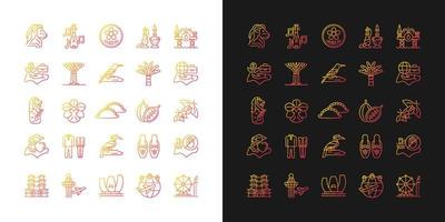 Singapore national symbols gradient icons set for dark and light mode. Tourist attractions. Thin line contour symbols bundle. Isolated vector outline illustrations collection on black and white