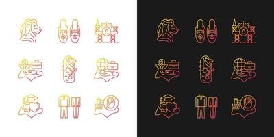 Singapore national values gradient icons set for dark and light mode. Quality of living. Thin line contour symbols bundle. Isolated vector outline illustrations collection on black and white
