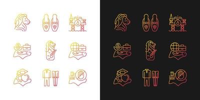 Singapore national values gradient icons set for dark and light mode. Quality of living. Thin line contour symbols bundle. Isolated vector outline illustrations collection on black and white