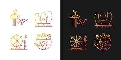 Tourist attractions in Singapore gradient icons set for dark and light mode. Changi airport. Thin line contour symbols bundle. Isolated vector outline illustrations collection on black and white