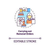 llevando a cabo el icono del concepto de órdenes de remoción. audiencia de caso en el juzgado sobre migración. procedimiento de deportación idea abstracta ilustración de línea fina. dibujo de color de contorno aislado vectorial. trazo editable vector
