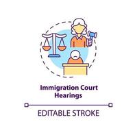 Immigration court hearings concept icon. Judicial procedure on immigration cases. Deportation abstract idea thin line illustration. Vector isolated outline color drawing. Editable stroke