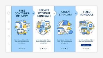 Waste collection service offers onboarding vector template. Responsive mobile website with icons. Web page walkthrough 4 step screens. Trash management color concept with linear illustrations