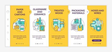 Accepted waste types onboarding vector template. Responsive mobile website with icons. Web page walkthrough 5 step screens. Recyclable material color concept with linear illustrations