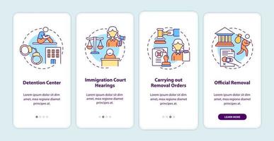 Deportation process onboarding mobile app page screen. Official removal walkthrough 4 steps graphic instructions with concepts. UI, UX, GUI vector template with linear color illustrations