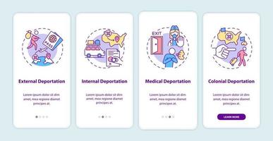 Deportation types onboarding mobile app page screen. Immigration problems walkthrough 4 steps graphic instructions with concepts. UI, UX, GUI vector template with linear color illustrations