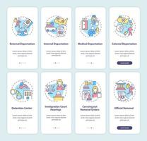 deportación a bordo del conjunto de pantallas de la página de la aplicación móvil. Tutorial de procesamiento oficial Instrucciones gráficas de 4 pasos con conceptos. ui, ux, plantilla de vector de interfaz gráfica de usuario con ilustraciones en color lineal