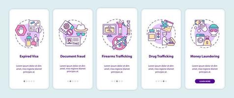 Reasons for deportation onboarding mobile app page screen. Legislation walkthrough 5 steps graphic instructions with concepts. UI, UX, GUI vector template with linear color illustrations