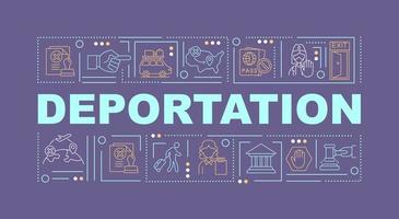 Deportation violet word concepts banner. Official removal from country. Infographics with linear icons on purple background. Isolated creative typography. Vector outline color illustration with text