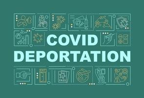 Bandera de conceptos de palabra verde de deportación de covid. pandemia global. infografías con iconos lineales sobre fondo verde. tipografía creativa aislada. ilustración de color de contorno vectorial con texto vector