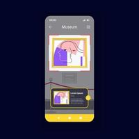 Museum dark smartphone interface vector template. Mobile app page design layout. Interactive guide. Visit exhibition from phone. Online gallery tour screen. Flat UI for application. Phone display