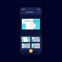 presentación haciendo plantilla de vector de interfaz de teléfono inteligente oscuro. diseño de la página de la aplicación móvil. software portátil. gestión de la pantalla de información. interfaz de usuario plana para la aplicación. pantalla del teléfono