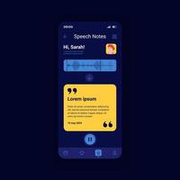 Speeh notes dark smartphone interface vector template. Mobile app page design layout. Writing message on cellphone. Text notification screen. Flat UI for application. Phone display